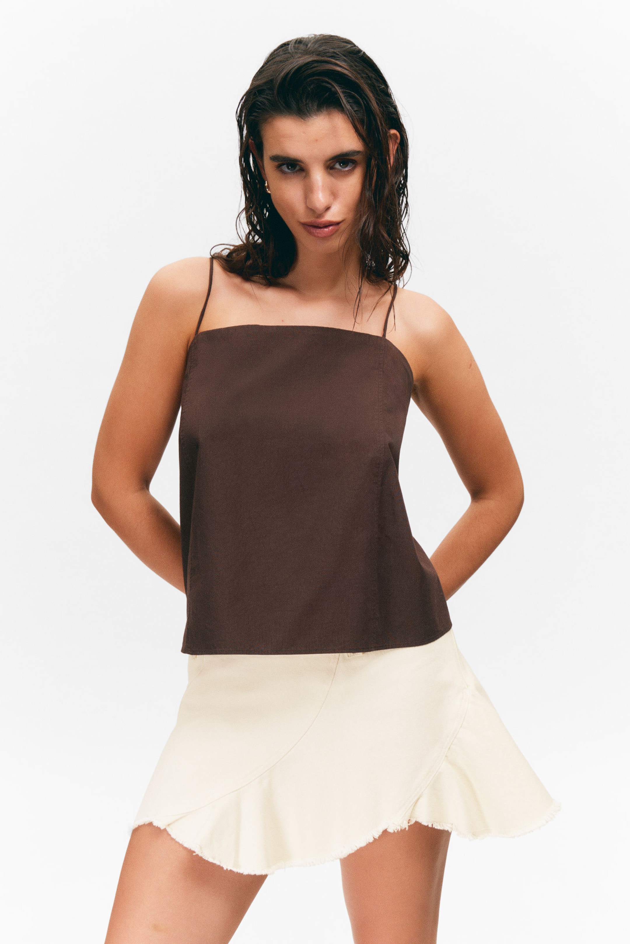 #423935 - Drawstring Poplin Strap Top - 1