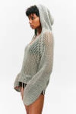 Light Khaki Green - Open-knit Hooded Sweater - 1