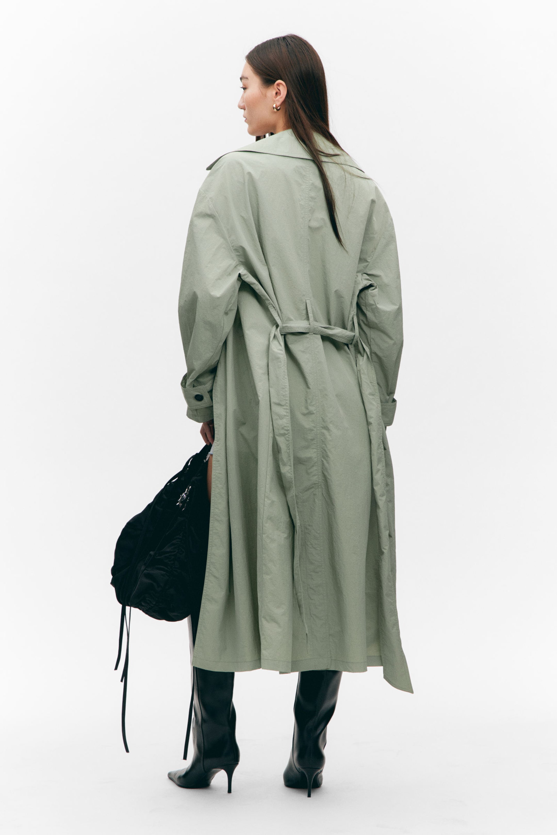 Khaki Green - Oversized Belted Nylon Trench Coat - 3