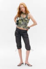 Dark Grey - Dirty Floral - Tie-Front Cotton Tank Top - 0