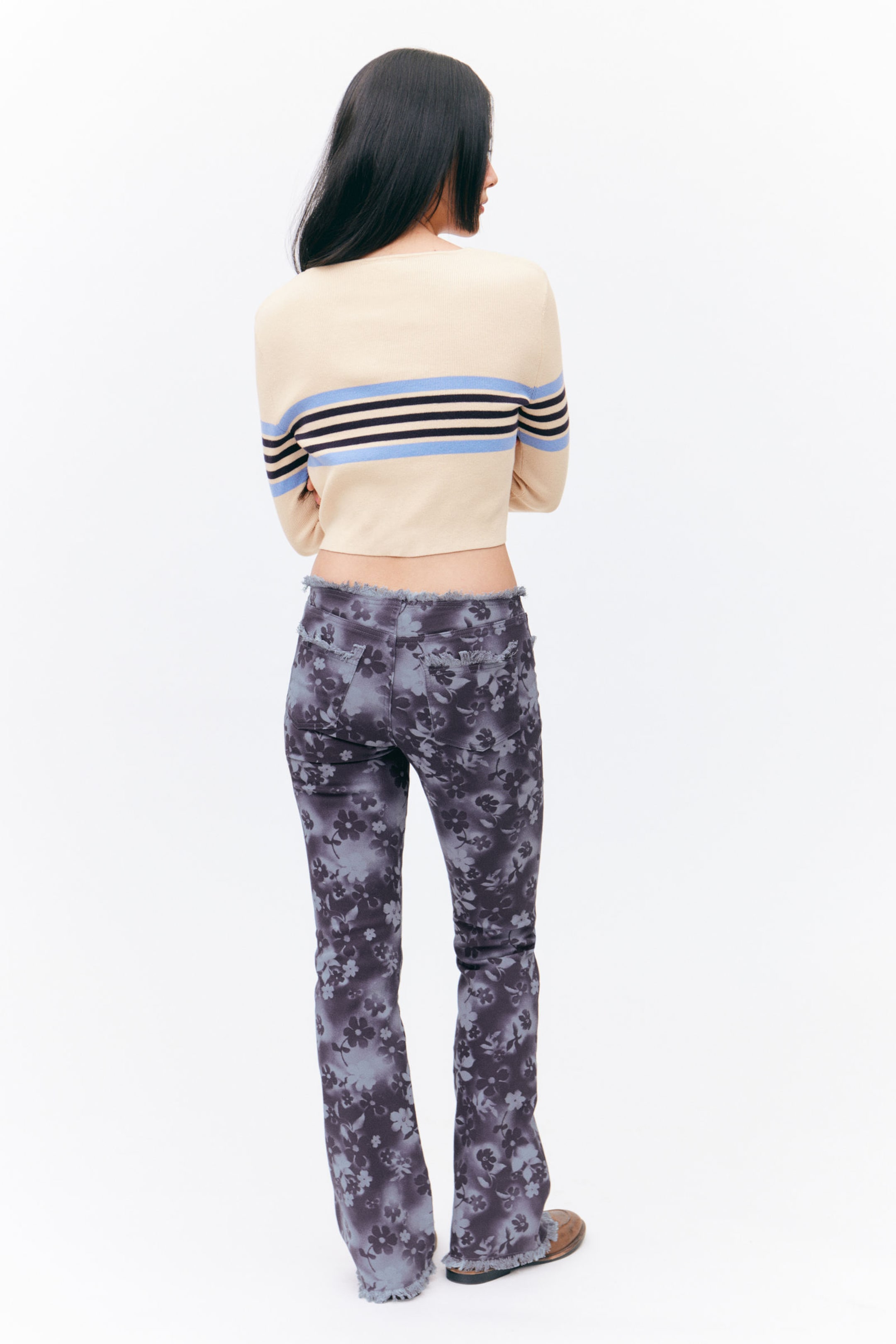 Blue Floral - Frayed Low Waist Twill Trousers - 2
