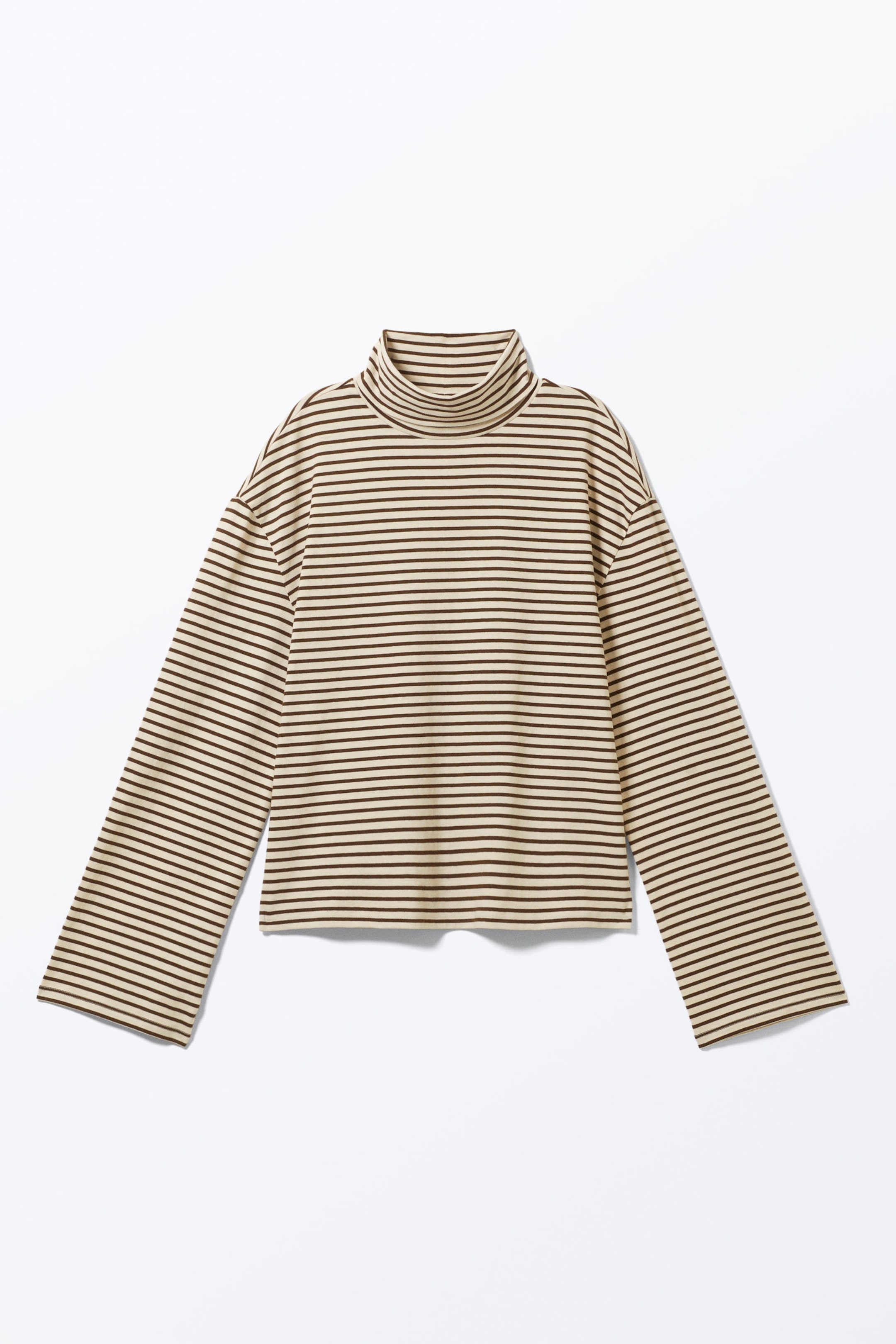 Beige & Dark Brown Stripes - Boxy Long-Sleeved Mock Turtleneck Top - 3