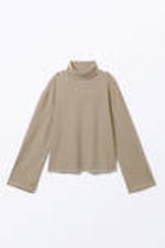 Beige & Dark Brown Stripes - Boxy Long-Sleeved Mock Turtleneck Top - 3