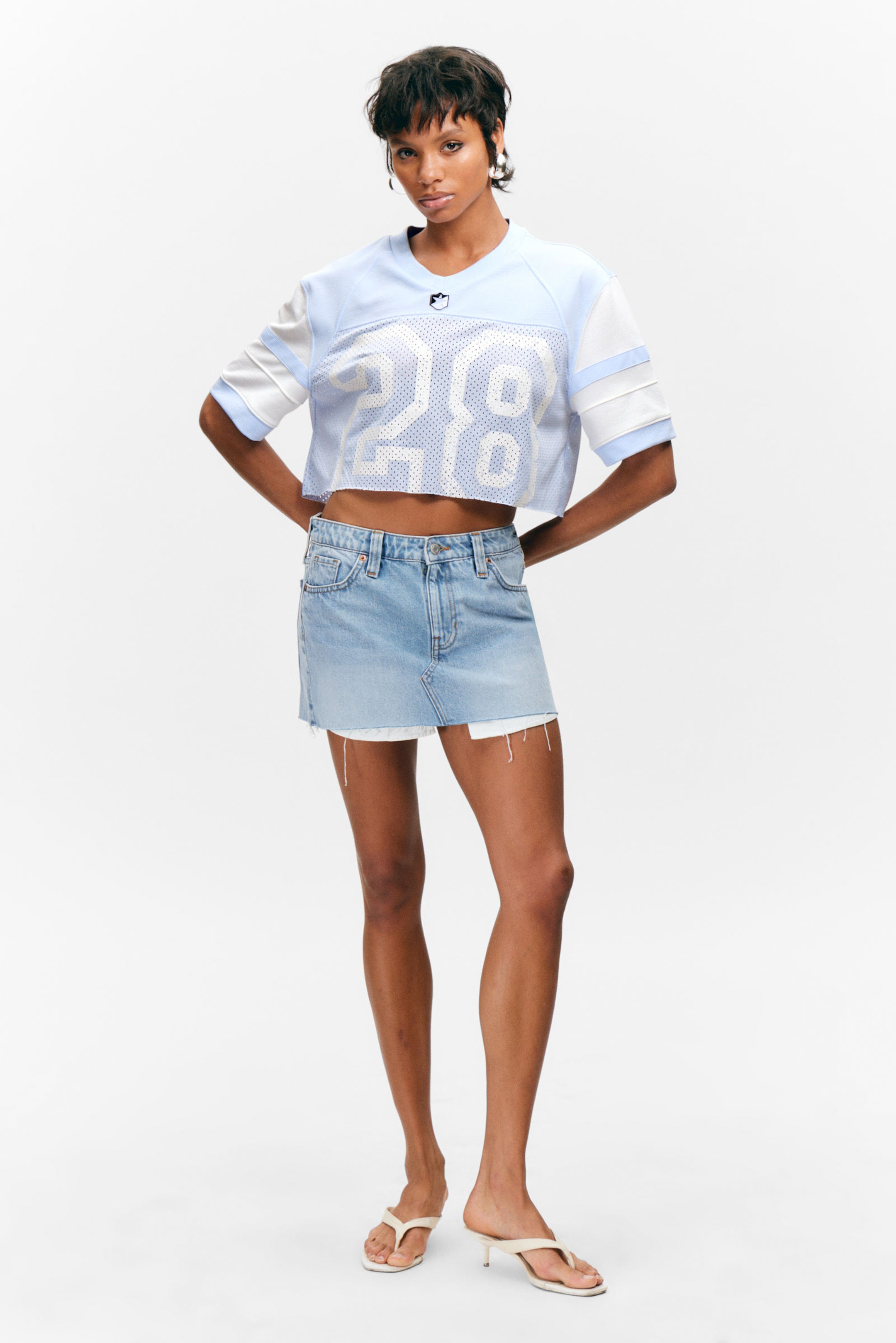 #8898AC - Low Rise Raw Hem Mini Denim Skirt - 1