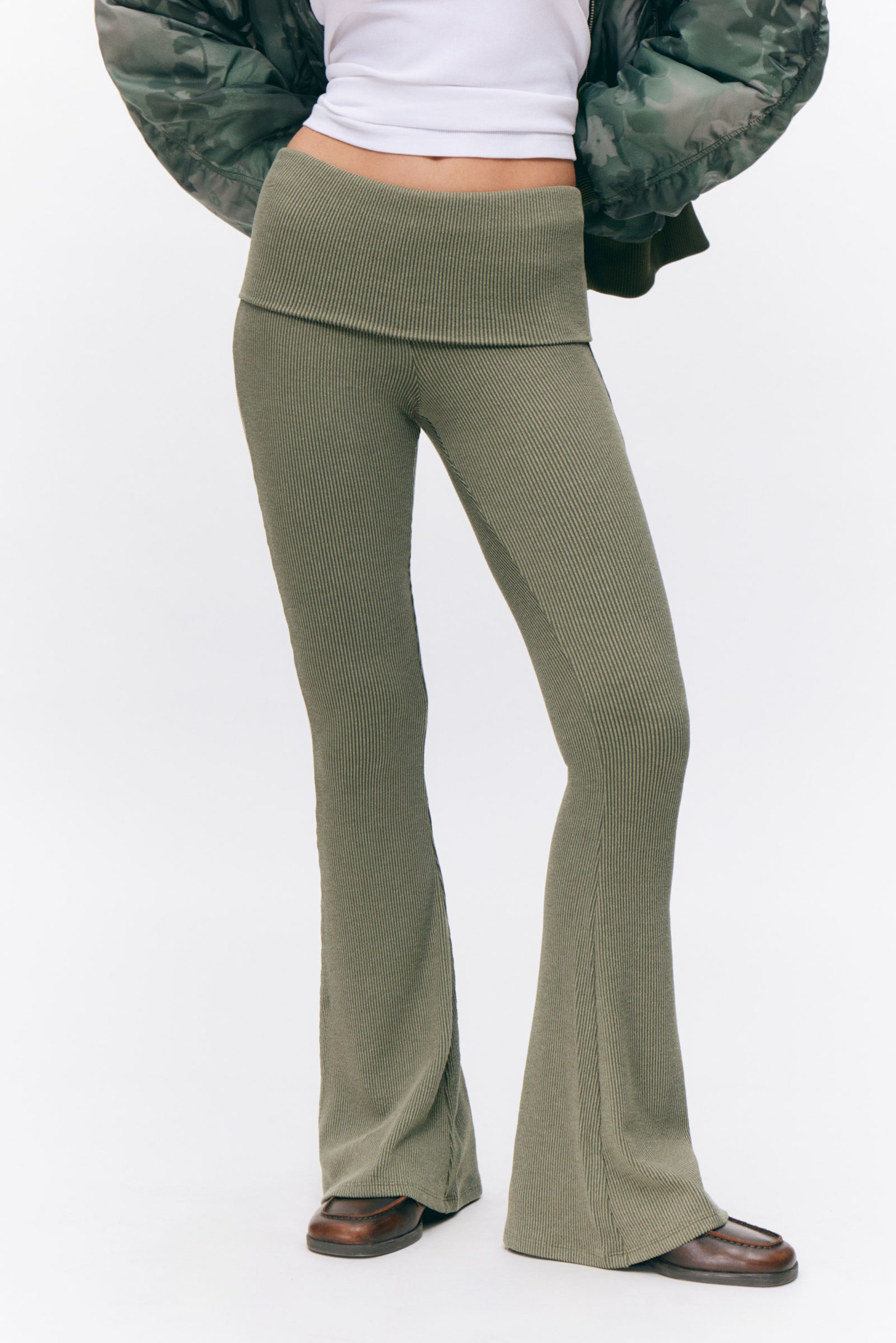 Dark Khaki Green - Low Waist Flared Ribbed Trousers - 1