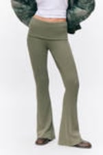 Dark Khaki Green - Low Waist Flared Ribbed Trousers - 1