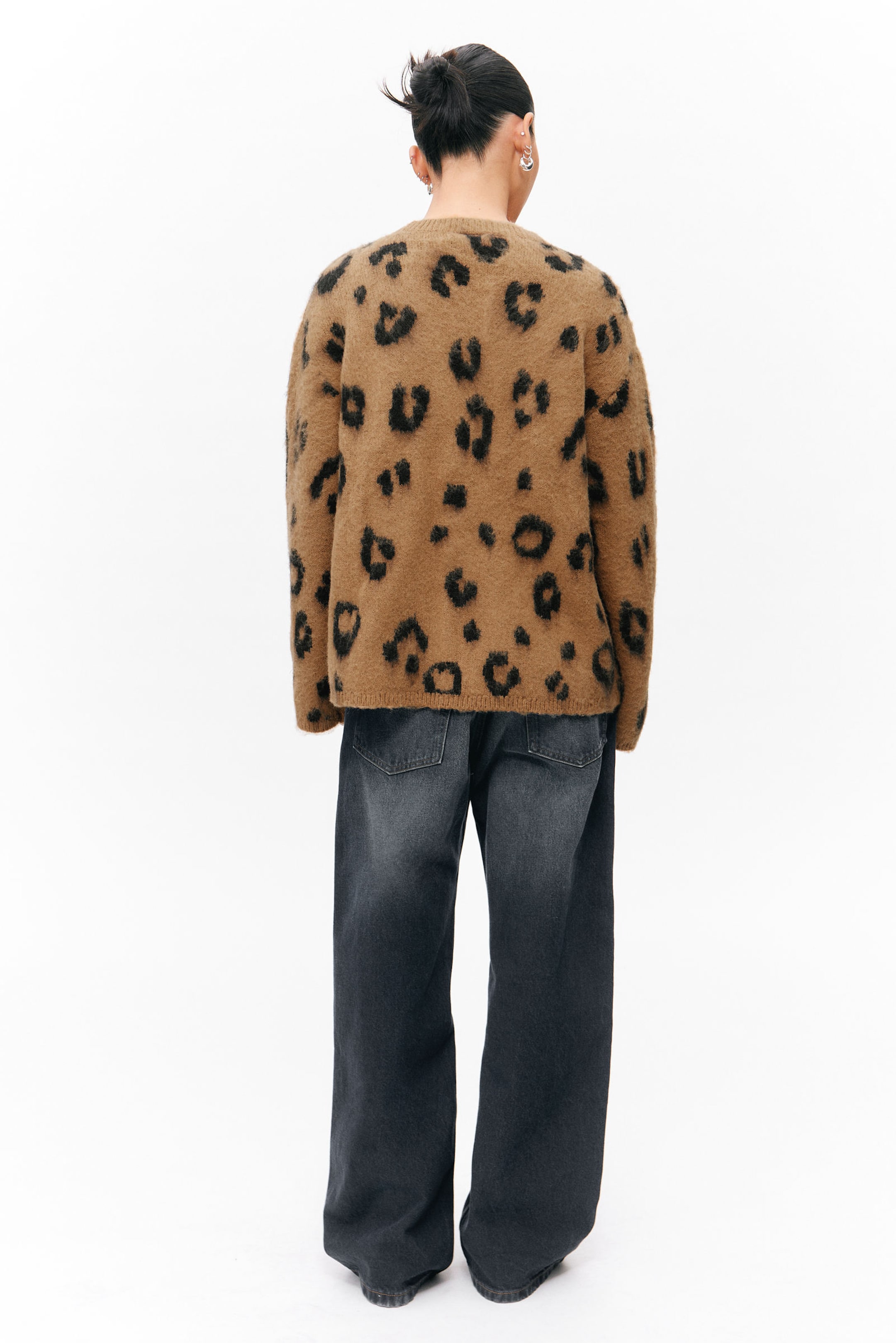 Brown - Leopard - Fluffy knit cardigan - 2