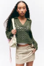 Dark Khaki Green - Loose Open-Knit Sweater - 1