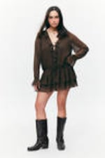 Dark Brown - Frilled V-neck Mini Dress - 0
