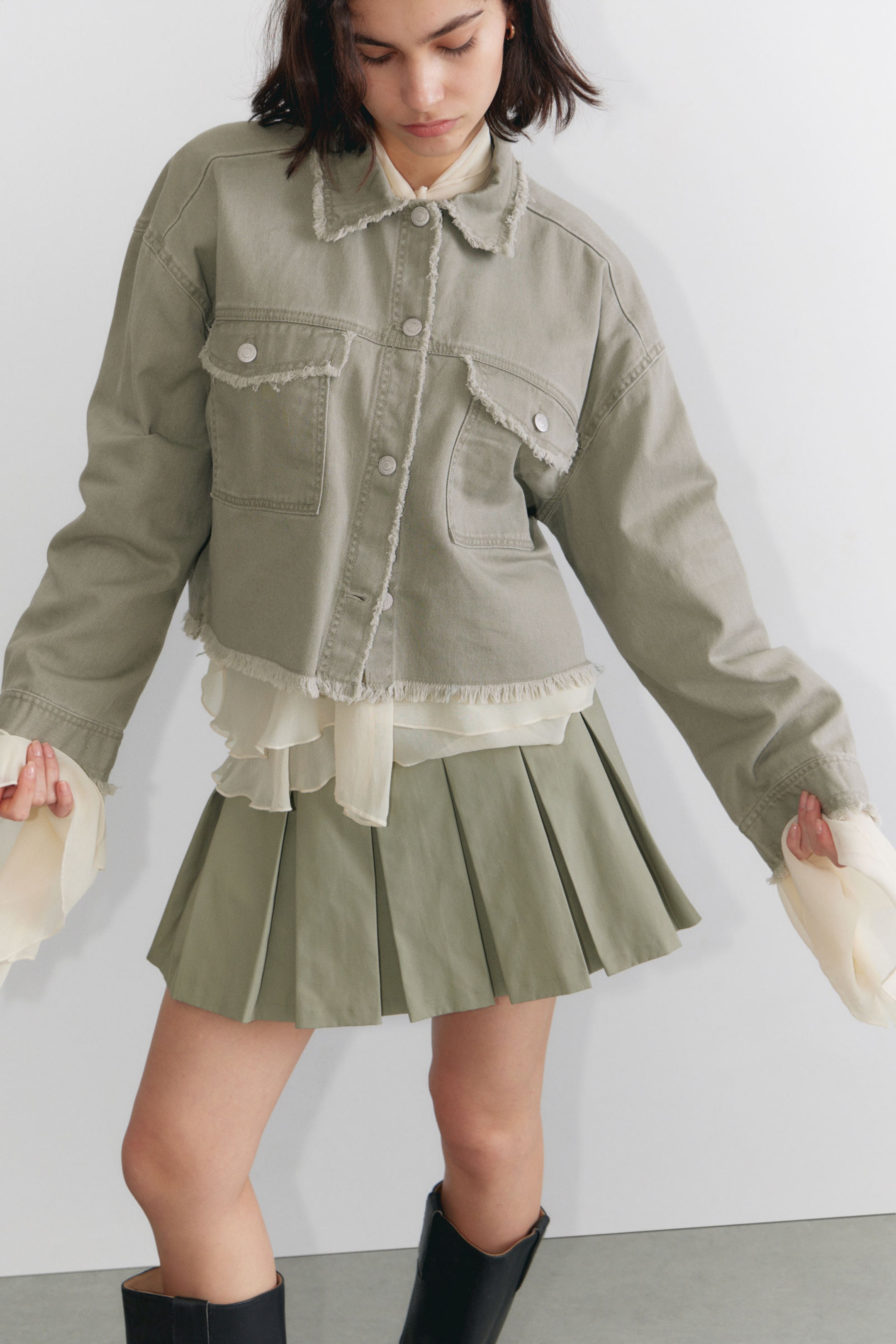 #8D8C81 - Cropped Boxy Twill Jacket - 1