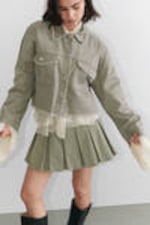 Khaki Green - Cropped Boxy Twill Jacket - 0