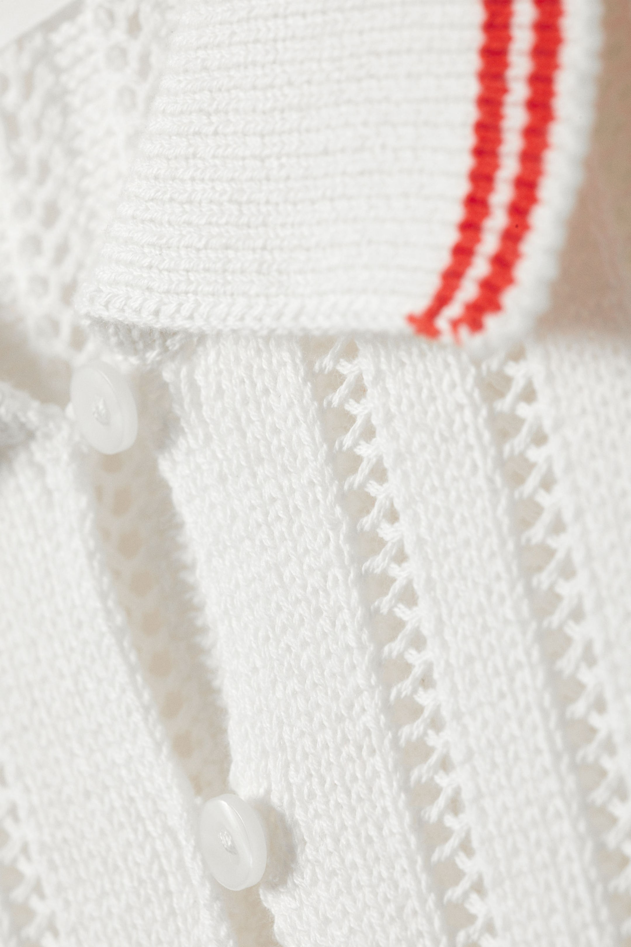 White - Red Stripes - Knitted Short-Sleeved Cotton Polo Top - 5