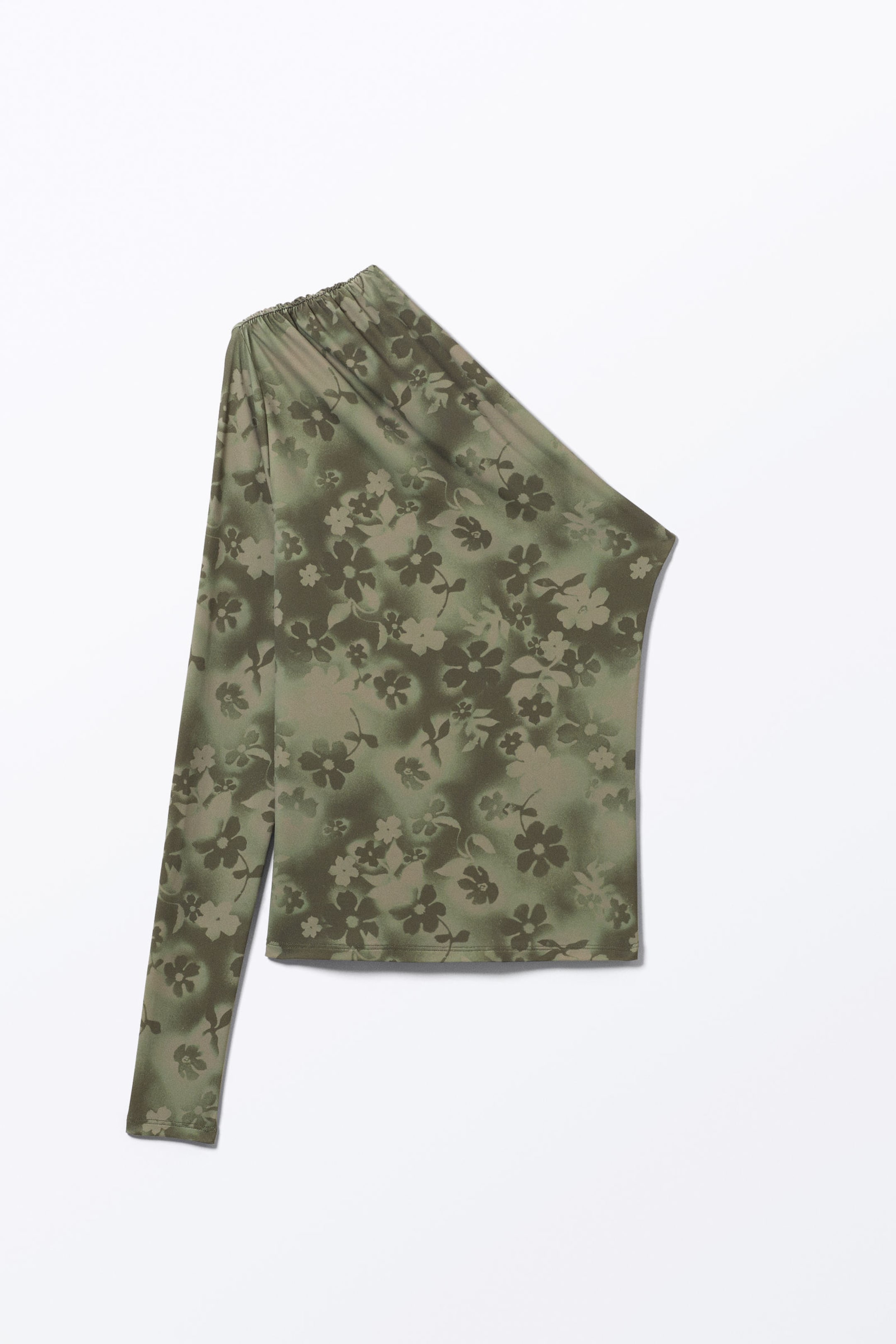 Khaki Green - Spray Flowers - Draped One-Shoulder Nylon Top - 3