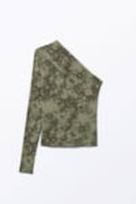 Khaki Green - Spray Flowers - Draped One-Shoulder Nylon Top - 3