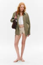 Checked Dark Khaki Green - Long-Sleeved Oversized Poplin Shirt - 1
