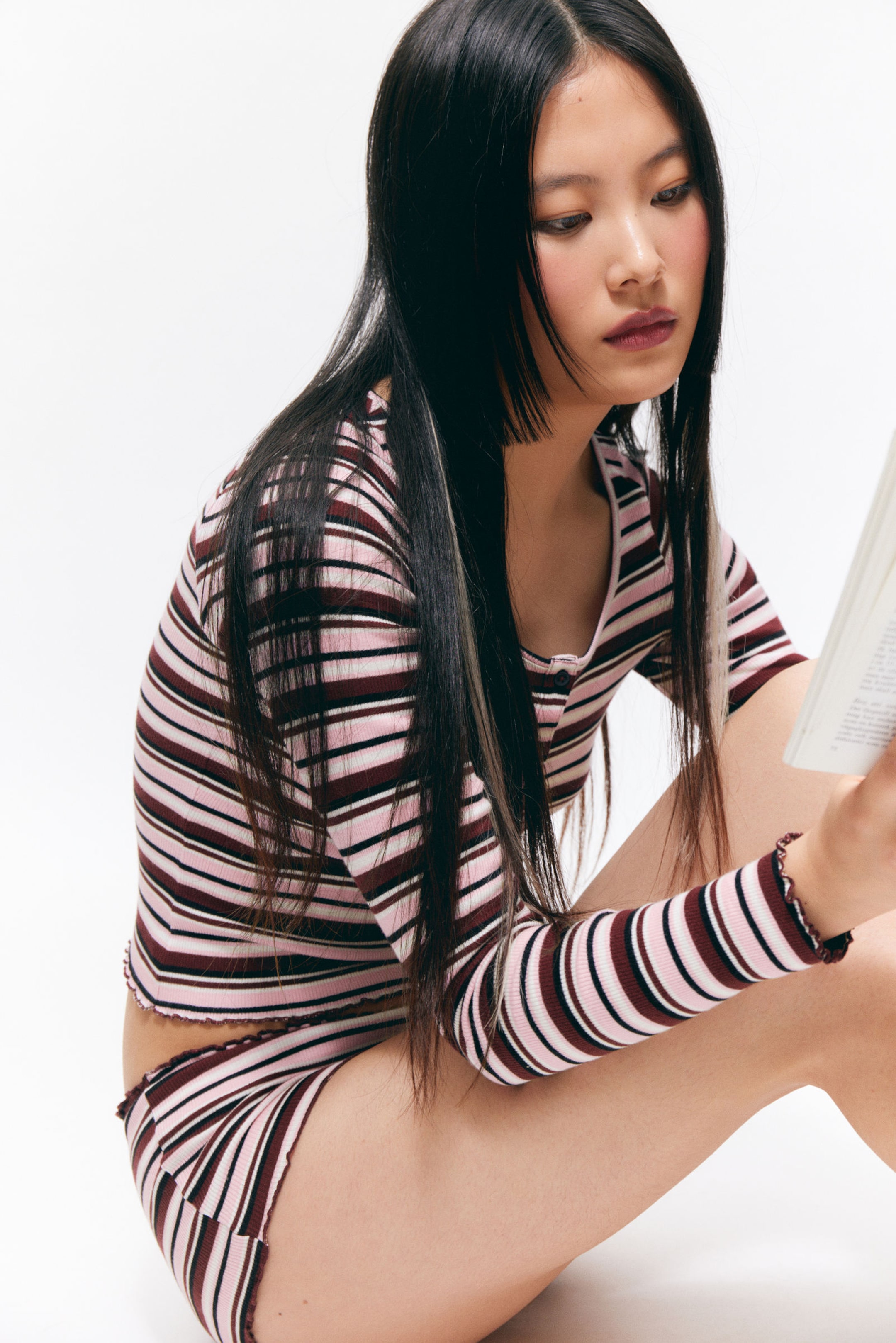 Dark Red & Pink Stripe - Ribbed Mini Henley Top - 1