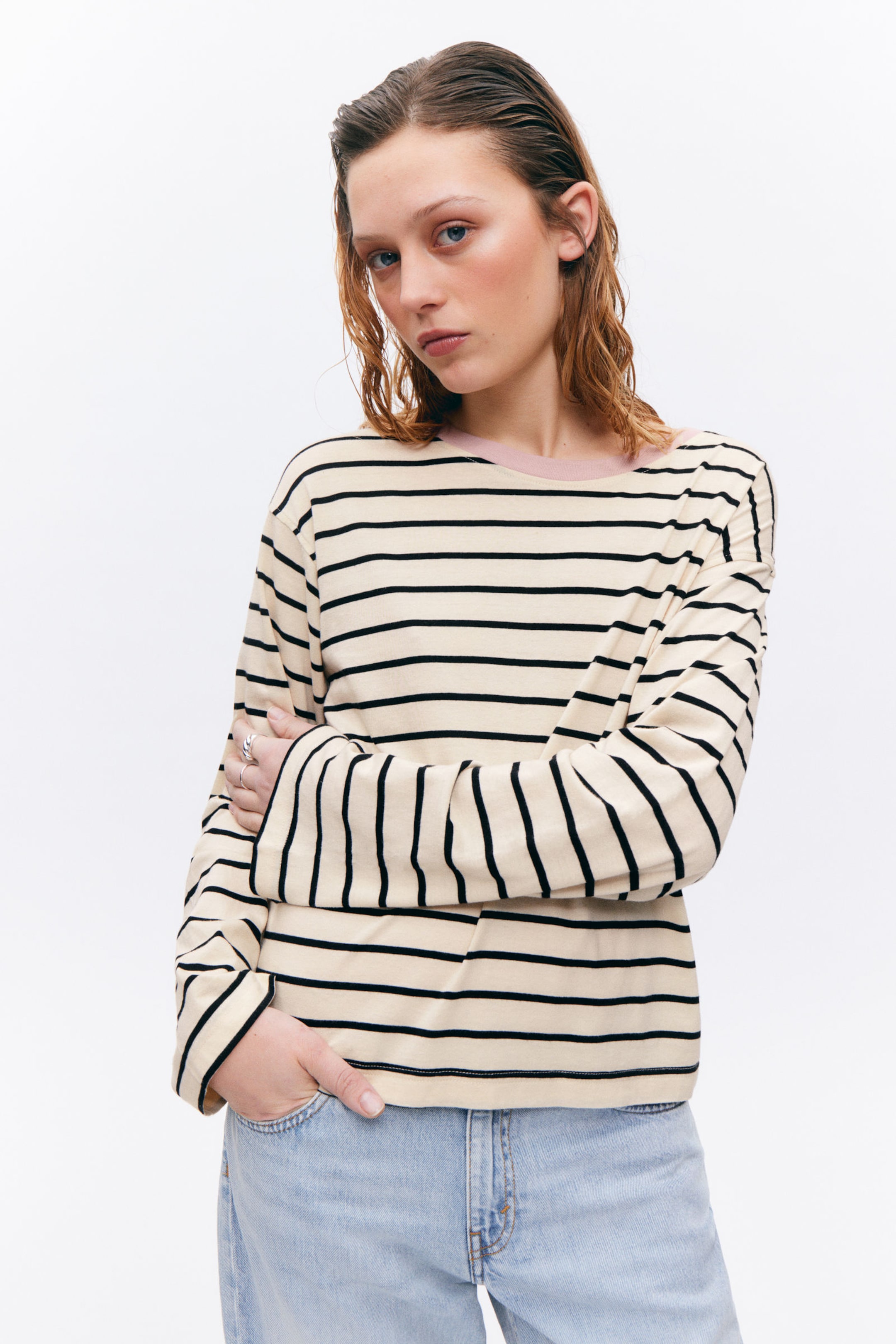 Black & Dusty White - Stripe - Boxy Sleeve T-Shirt - 0