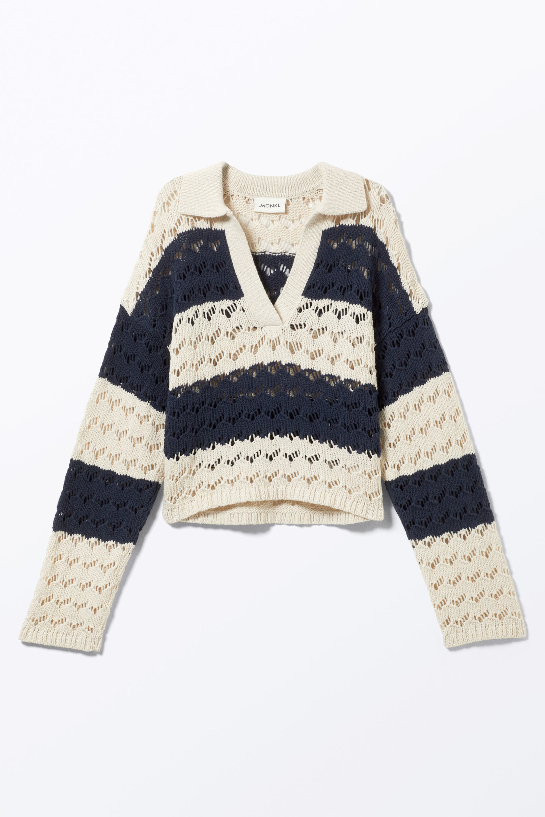 White & Dark Blue Stripe - Loose Open-Knit Sweater - 3