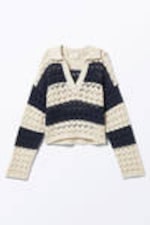 White & Dark Blue Stripe - Loose Open-Knit Sweater - 3