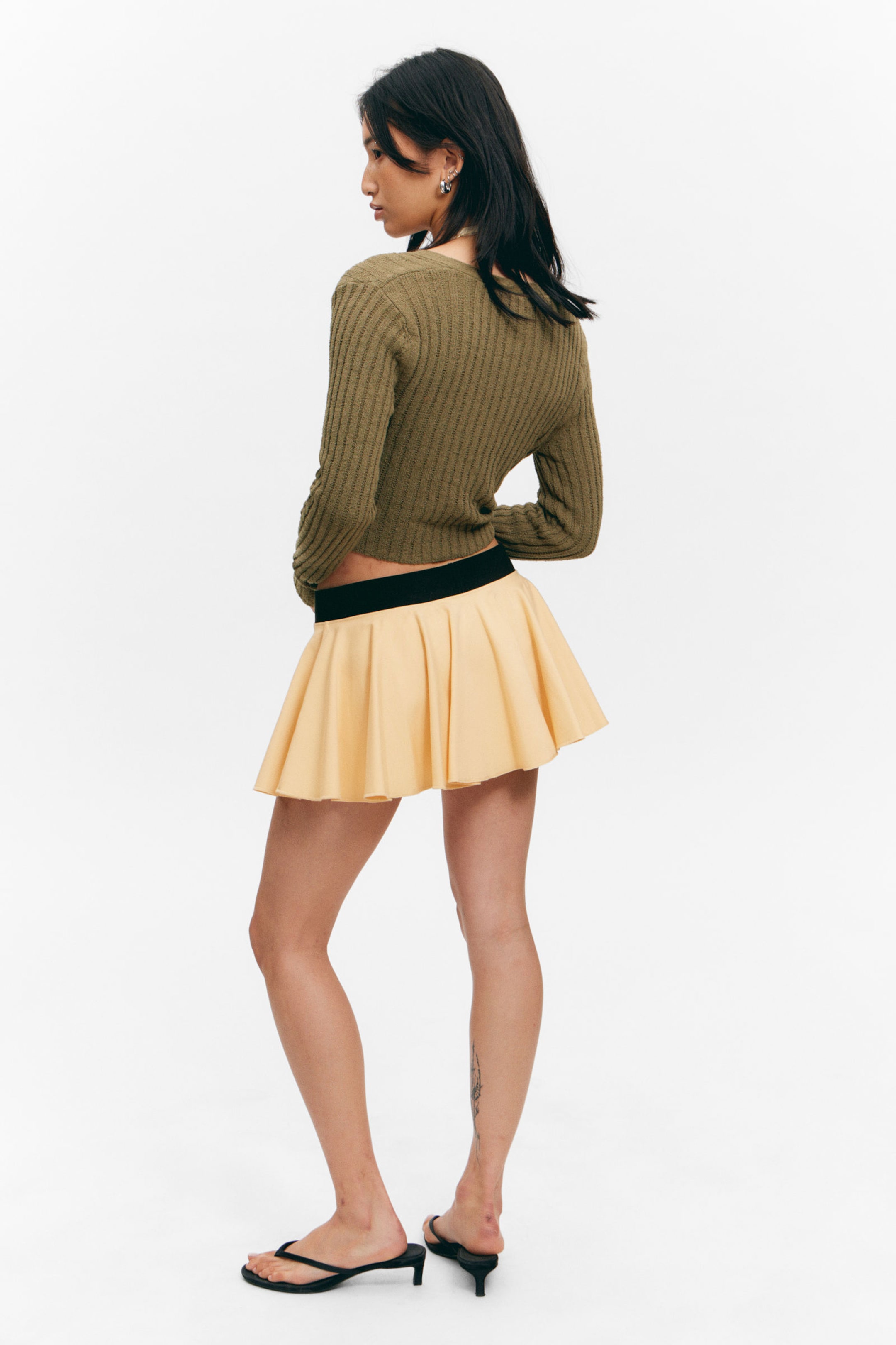 Dark Khaki Green - Knitted Wrap-shaped Asymmetric V-neck Sweater - 3