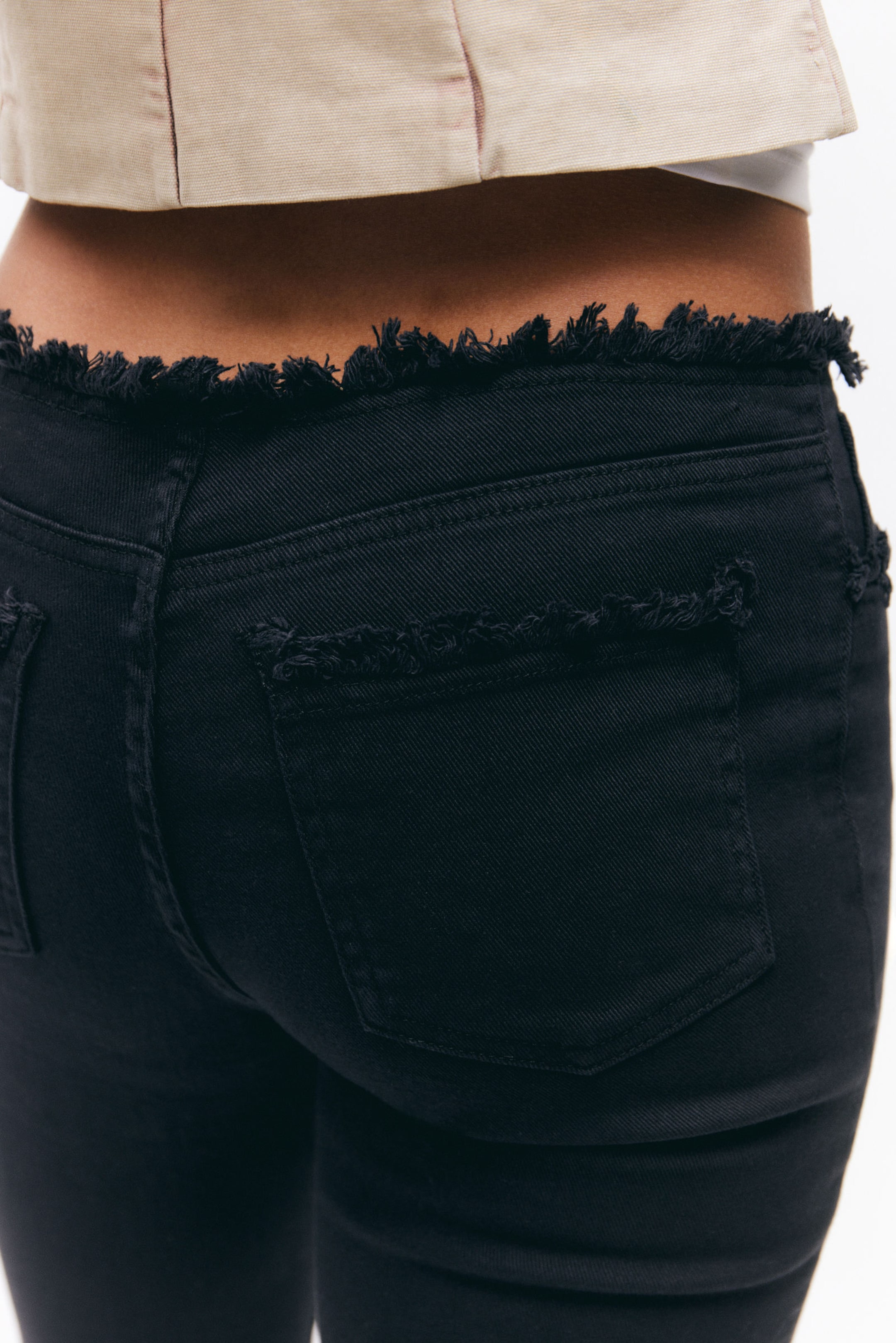 Black - Frayed Low Waist Twill Trousers - 2
