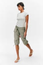 Khaki Green - Ultra-Low Rise Cargo Capri Trousers - 1