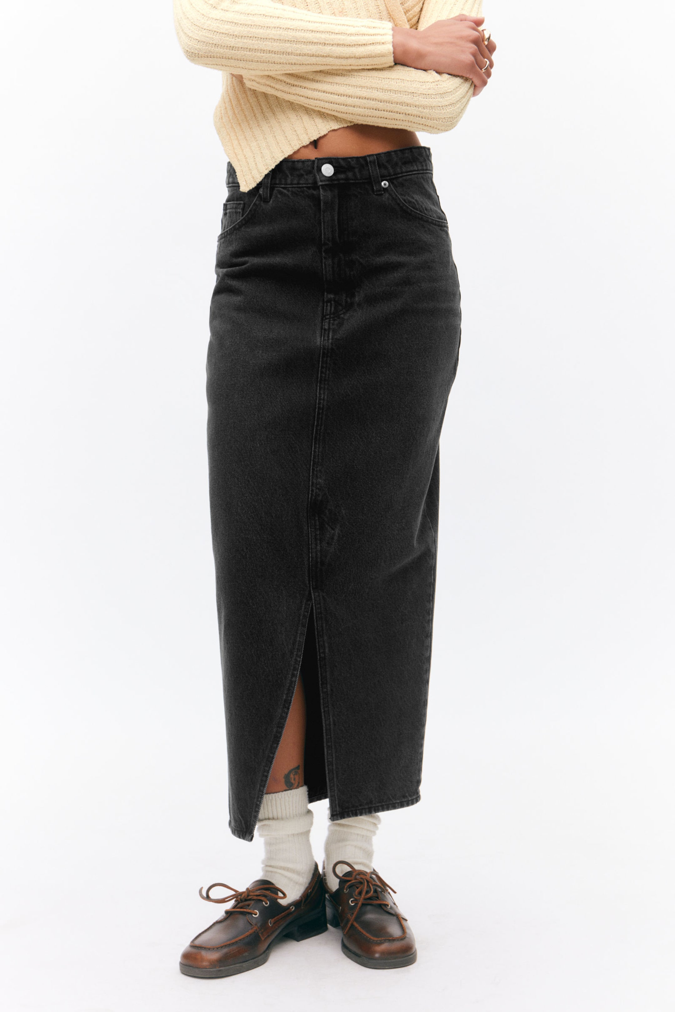 Black - Midi denim skirt - 1