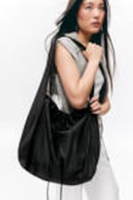 Black - Large Rectangular Drawstring Shoulder Bag - 0