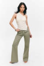 Khaki Green - Low Waisted Bootcut Twill Trousers - 0