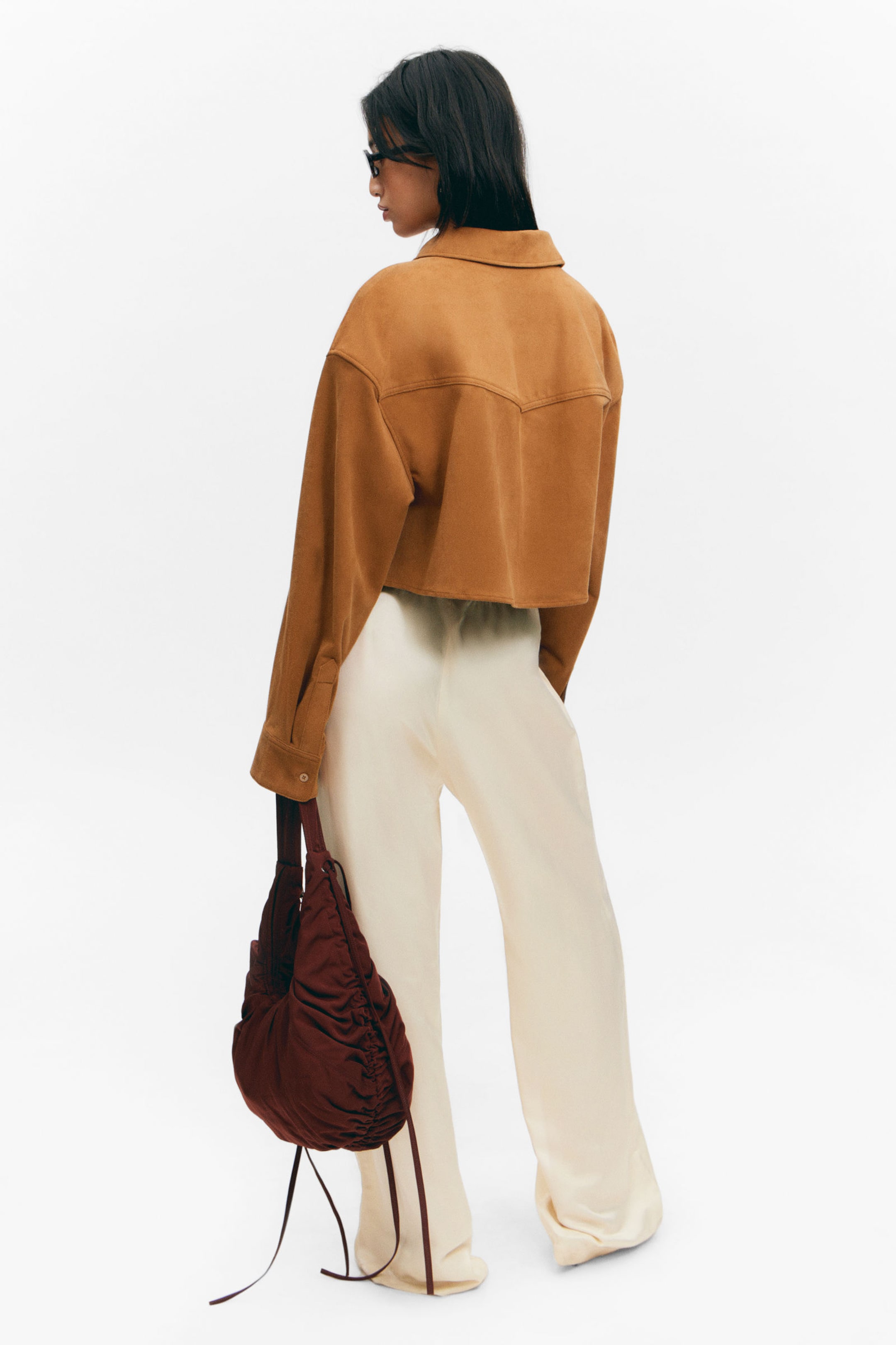 Brown - Cropped Faux Suede Western Shirt - 4