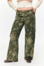 Khaki Green - Spray Flowers - Loose Fit Low Waist Twill Cargo Trousers - 1