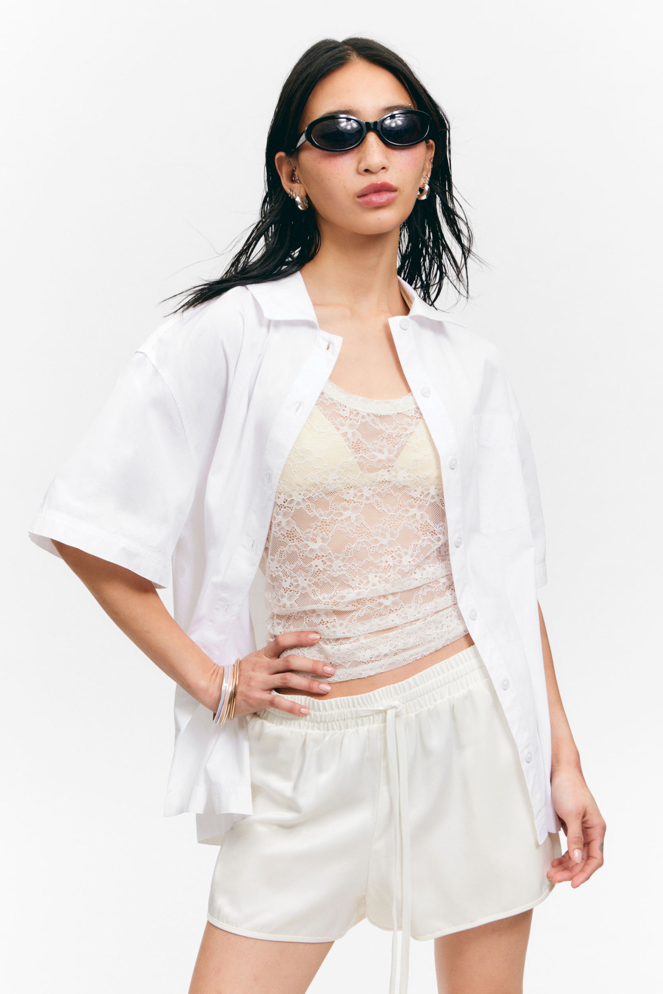 #FFFFFF - Oversized Short-Sleeved Cotton Poplin Shirt - 2