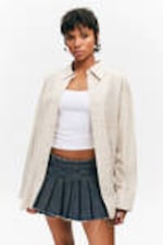 Checked Light Beige - Long-Sleeved Oversized Poplin Shirt - 0