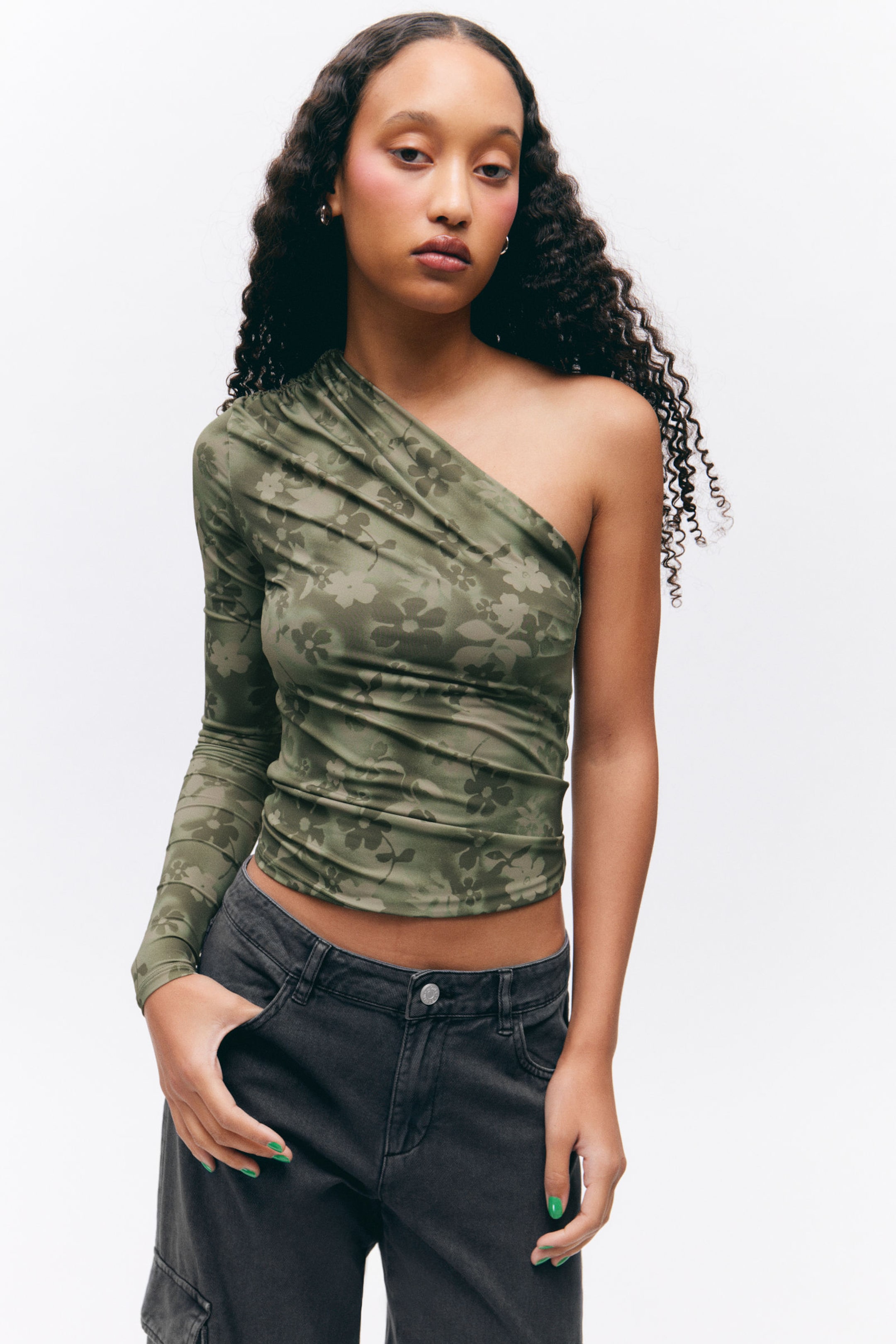 #8D8C81 - Draped One-Shoulder Nylon Top - 1