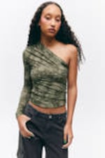 Khaki Green - Spray Flowers - Draped One-Shoulder Nylon Top - 0