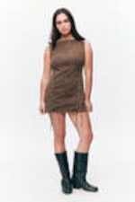 Washed Dark Brown - Sleeveless Lace-Up Mini Dress - 2