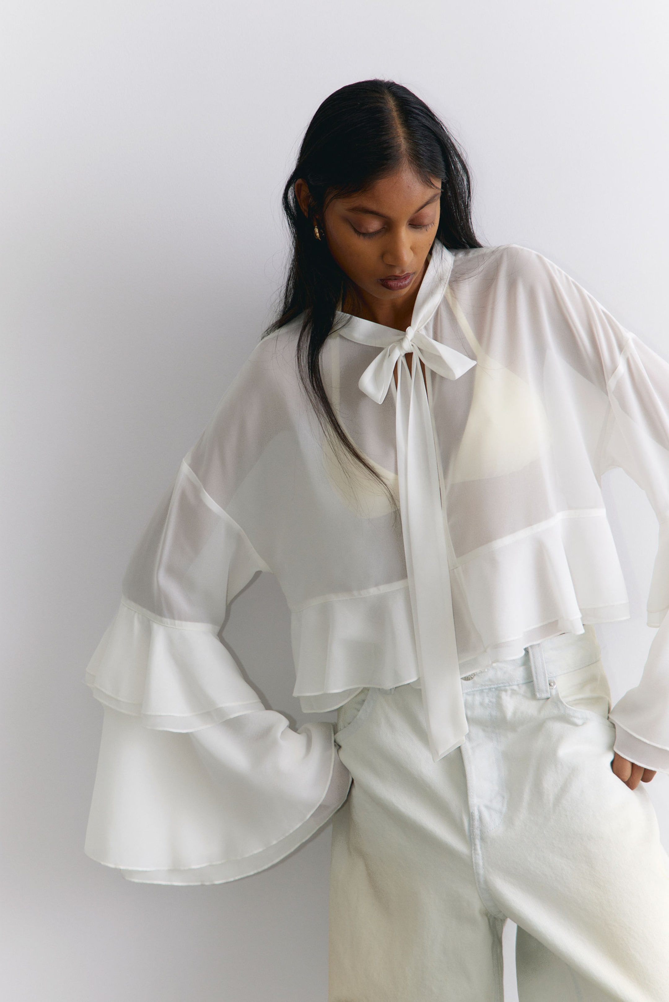 #ECE9E2 - Flared Frill-Sleeved Tie-Neck Blouse - 2