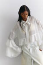 White - Flared Frill-Sleeved Tie-Neck Blouse - 1