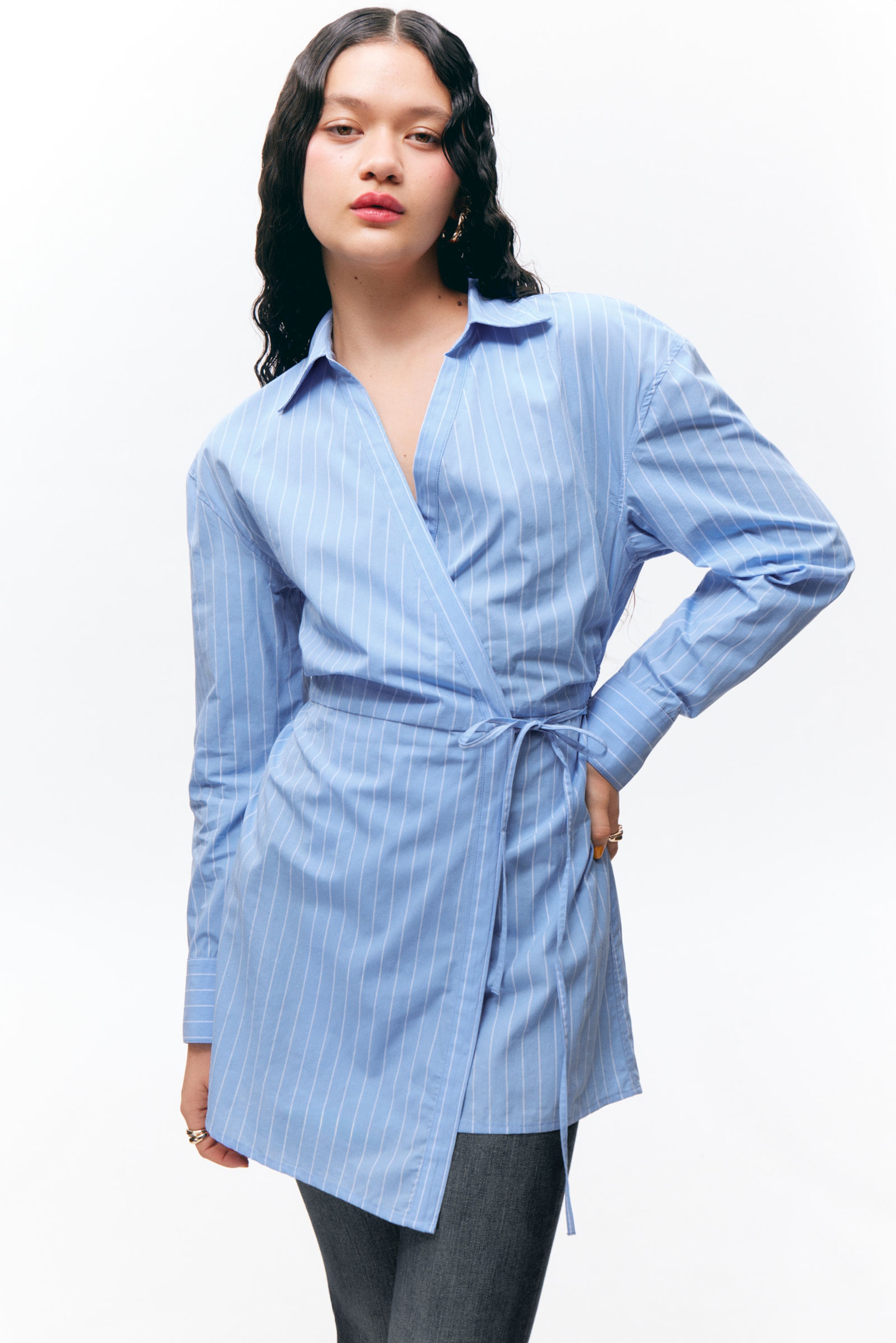 #90A9D1 - Long-Sleeved Mini Wrap Shirt Dress - 2