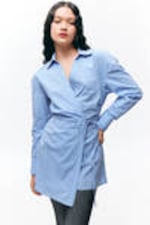 Light Blue Pinstripe - Long-Sleeved Mini Wrap Shirt Dress - 1