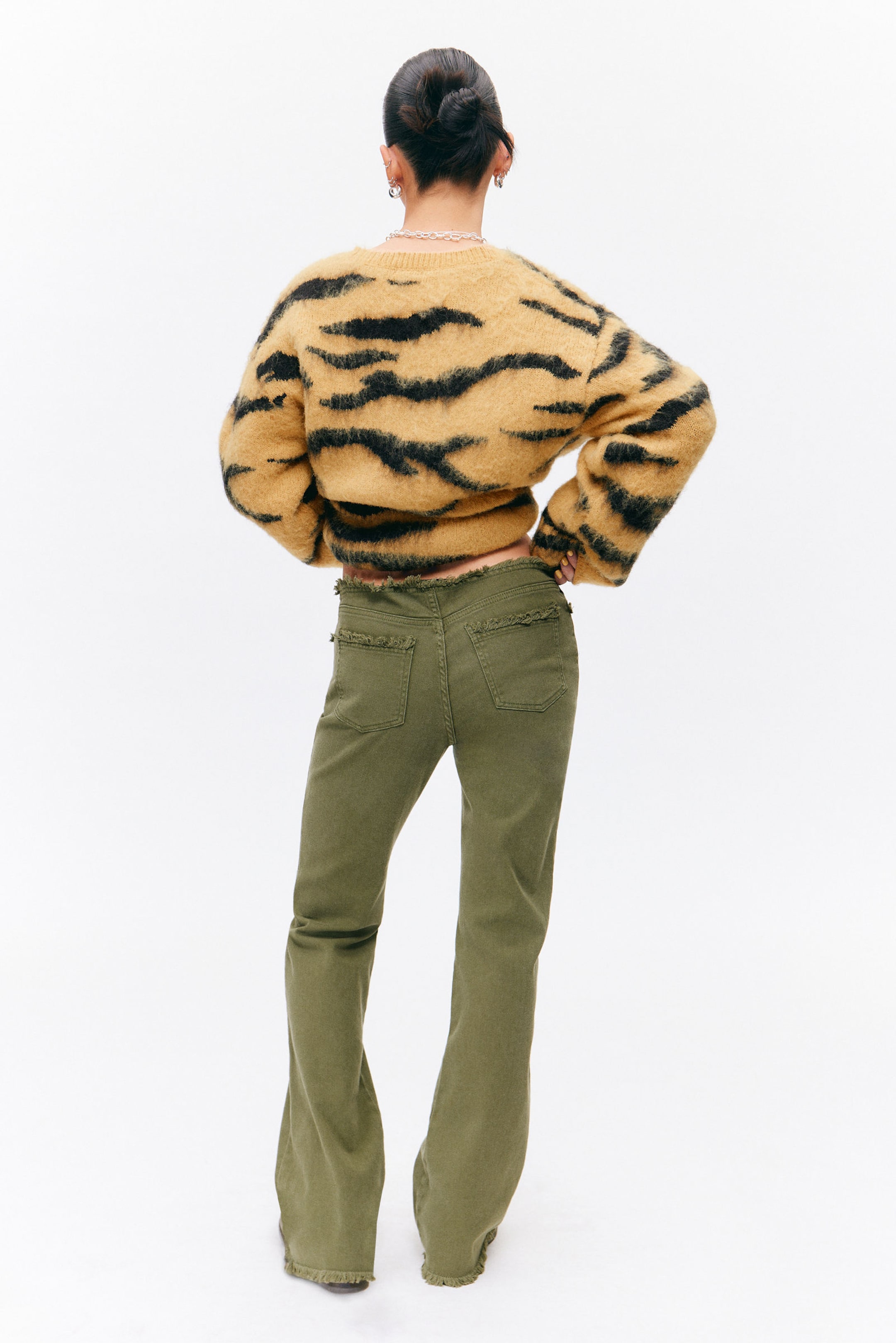 Dark Khaki Green - Frayed Low Waist Twill Trousers - 2