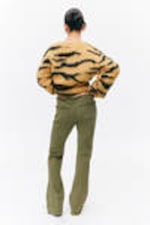 Dark Khaki Green - Frayed Low Waist Twill Trousers - 2