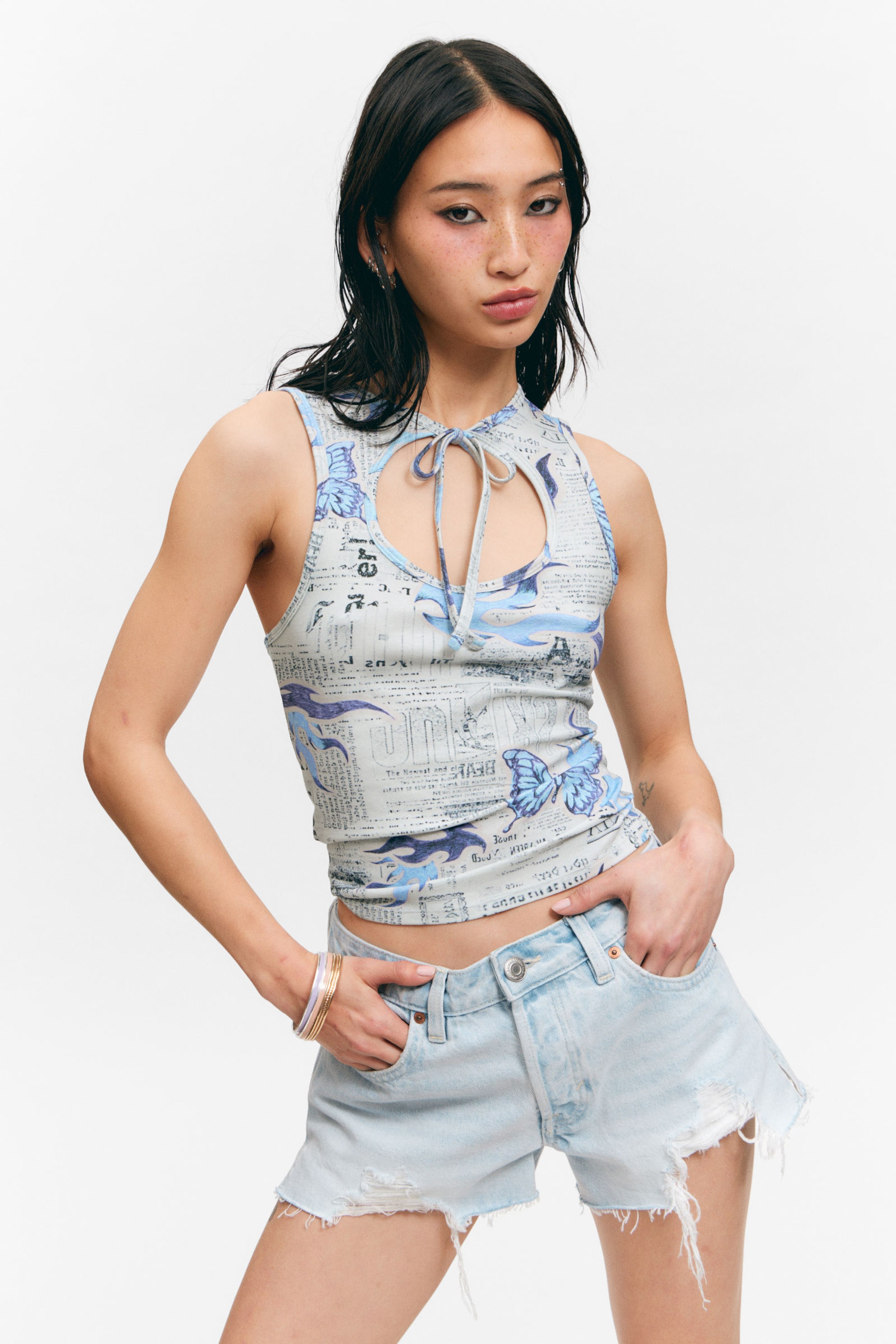 #F0F1F0 - Tie-Front Cotton Tank Top - 1