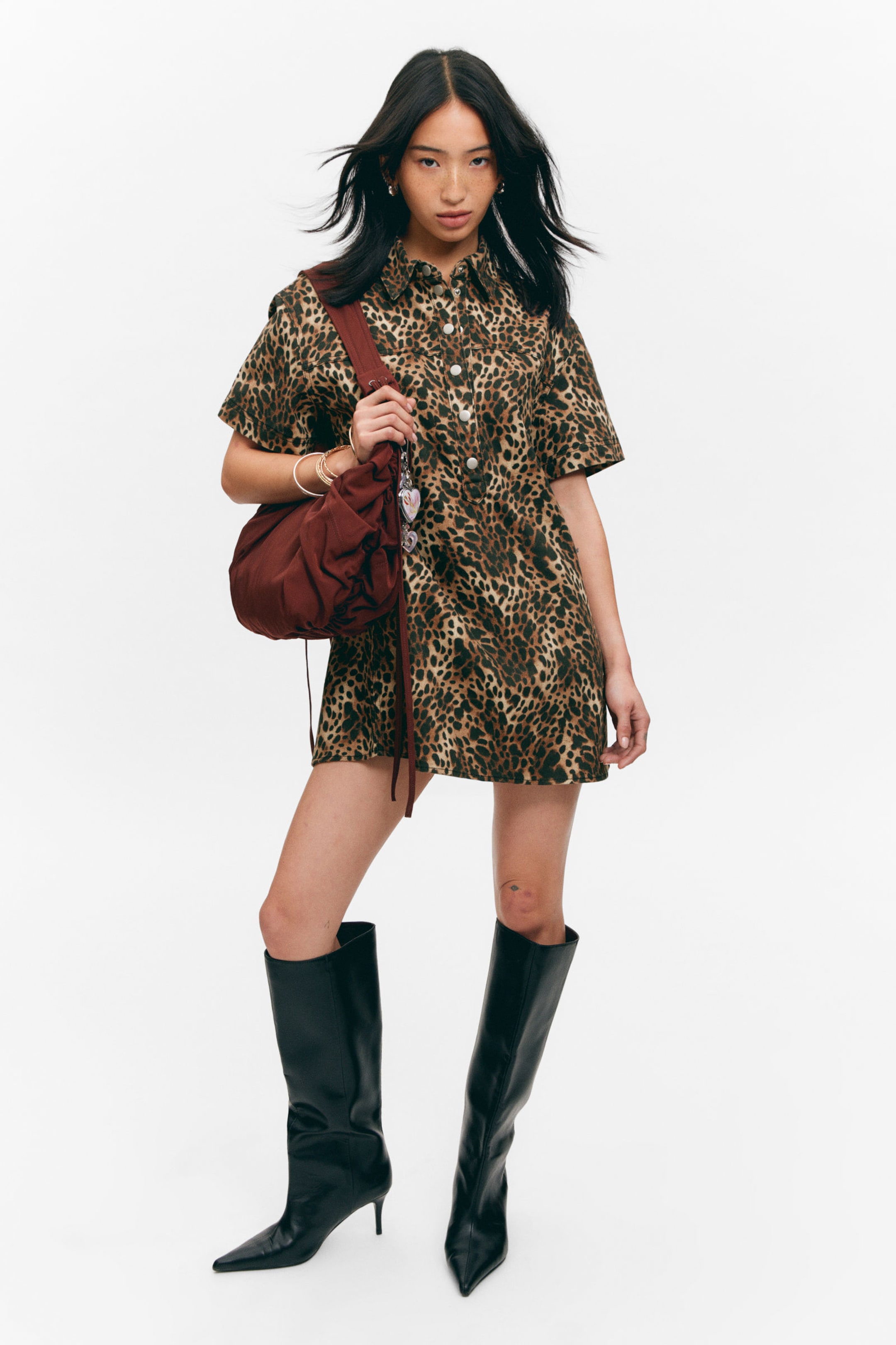 Leopard - Short-Sleeved Mini Shirt Dress - 0