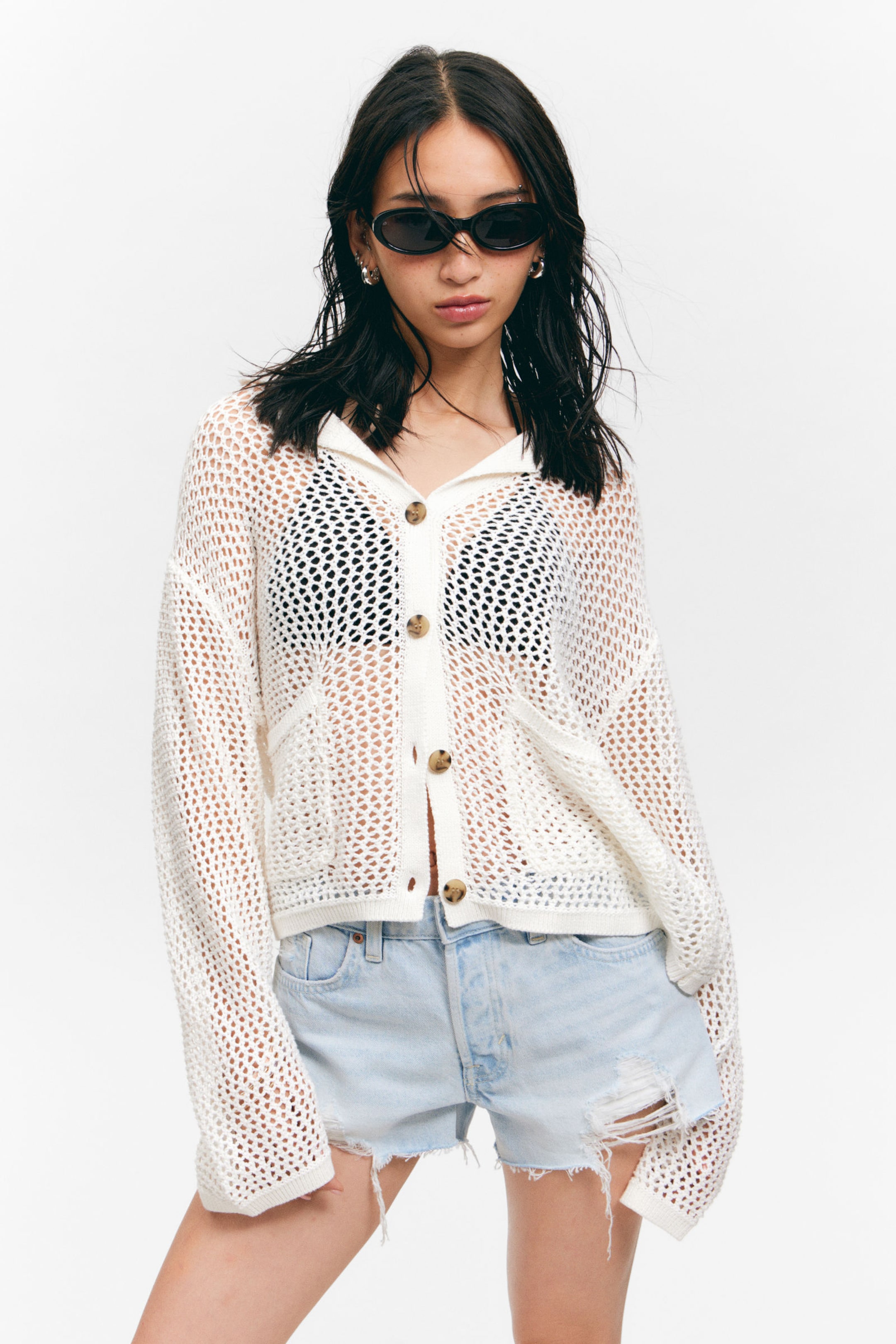 Dusty White - Open-Knit Button-Up Cardigan - 2