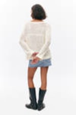 White - Loose Open-Knit Side Slit Sweater - 2