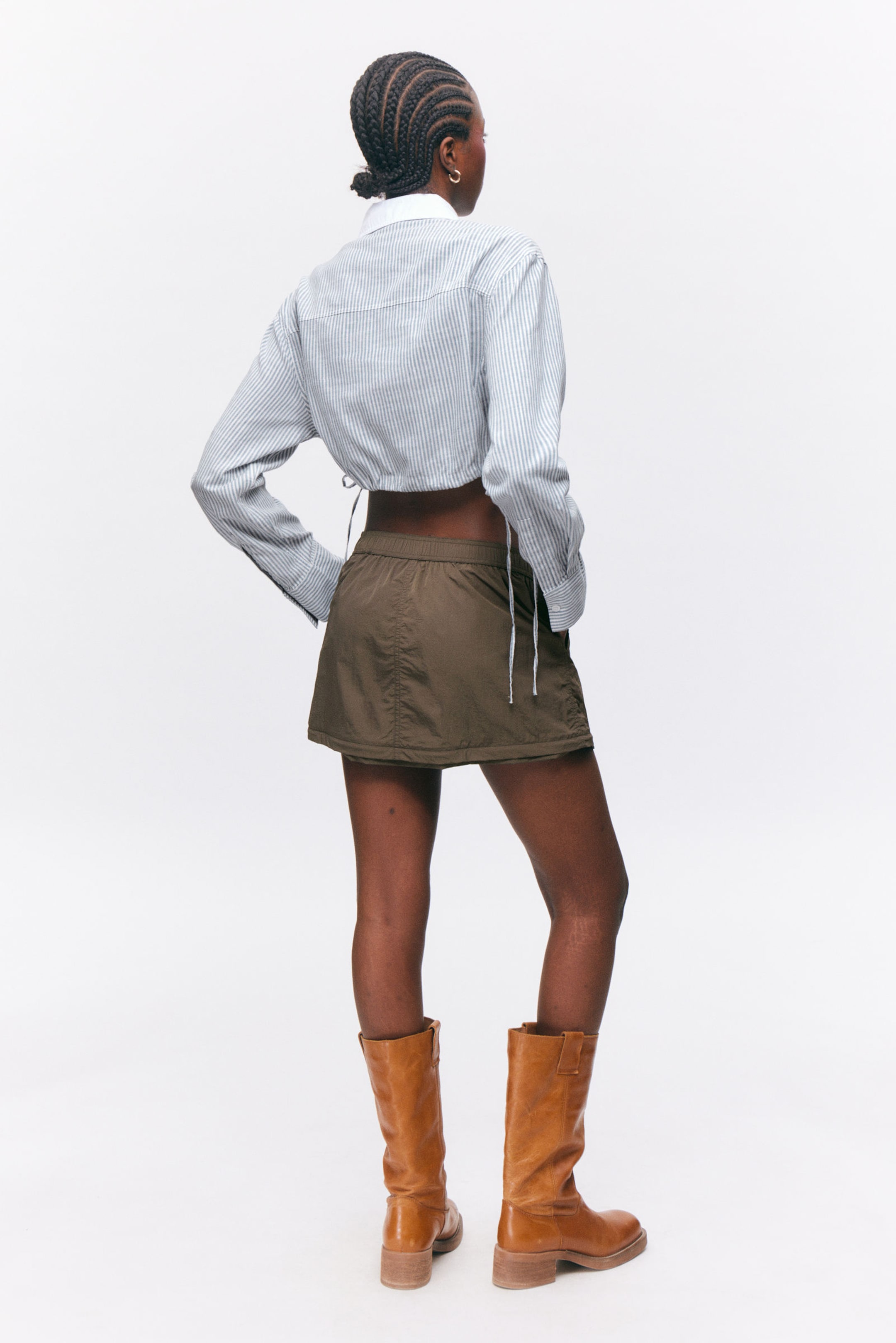 Blue & White Stripes - Cropped Loose Cargo Shirt - 2