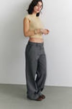 Striped Dark Grey - Low Waisted Pleated Suiting Trousers - 1