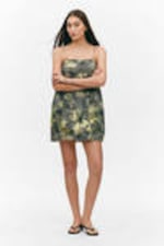 Grey - Dirty Floral - Tie-Back Twill Mini Dress - 0