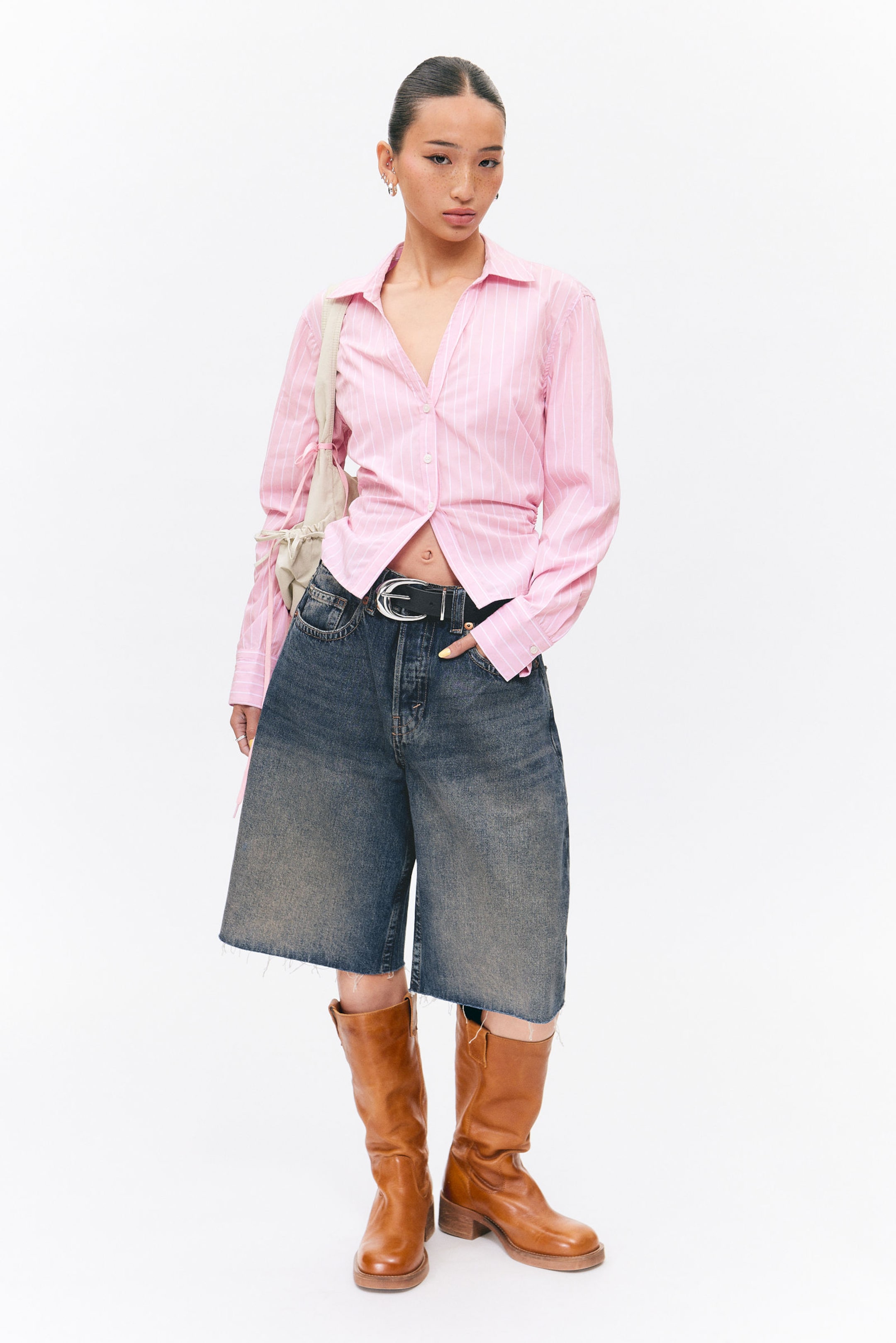 Striped Pink - Cropped Open Back Shirt - 0